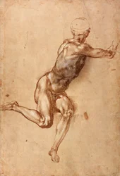 A seated male nude twisting around